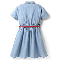 Pine Kids Cotton Woven Half Sleeves Solid Shirt Style Frock With Belt - Light Blue