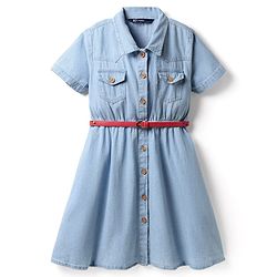 Pine Kids Cotton Woven Half Sleeves Solid Shirt Style Frock With Belt - Light Blue