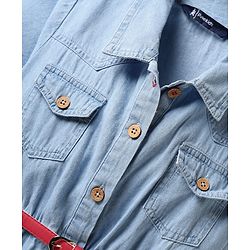 Pine Kids Cotton Woven Half Sleeves Solid Shirt Style Frock With Belt - Light Blue