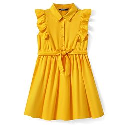 Pine Kids Rayon Woven Frill Sleeves Solid Color Collared Frock - Yellow