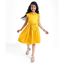 Pine Kids Rayon Woven Frill Sleeves Solid Color Collared Frock - Yellow