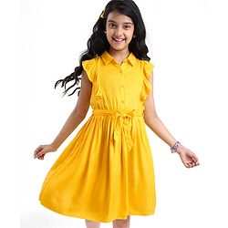 Pine Kids Rayon Woven Frill Sleeves Solid Color Collared Frock - Yellow