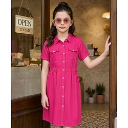 Pine Kids Rayon Woven Half Sleeves Solid Color Shirt Dress - Dark Pink