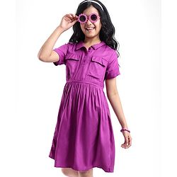 Pine Kids Rayon Woven Half Sleeves Solid Color Shirt Dress - Purple