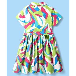 Pine Kids Cotton Knit Half Sleeves Collared Shirt Dress with Abstract Print - White & Green