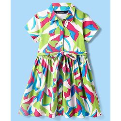 Pine Kids Cotton Knit Half Sleeves Collared Shirt Dress with Abstract Print - White & Green
