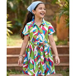 Pine Kids Cotton Knit Half Sleeves Collared Shirt Dress with Abstract Print - White & Green