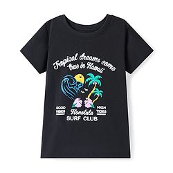 Pine Kids Cotton Knit Half Sleeves T-Shirt With Tropical Theme Text Print - Black