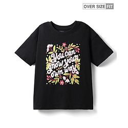 Pine Kids Cotton Knit Half Drop Shoulder Sleeves T-Shirt with Text Print - Black