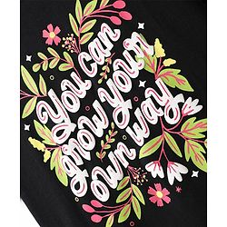 Pine Kids Cotton Knit Half Drop Shoulder Sleeves T-Shirt with Text Print - Black
