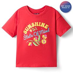 Pine Kids Cotton Knit Half Drop Shoulder Sleeves T-Shirt with Text Print - Red