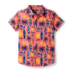 Pine Kids Cotton Knit Half Sleeves Shirt With Tropical Theme Print - Coral
