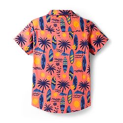 Pine Kids Cotton Knit Half Sleeves Shirt With Tropical Theme Print - Coral