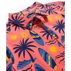 Pine Kids Cotton Knit Half Sleeves Shirt With Tropical Theme Print - Coral