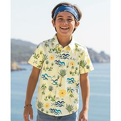 Pine Kids Cotton Knit Half Sleeves Shirt With Tropical Print - Yellow