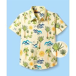 Pine Kids Cotton Knit Half Sleeves Shirt With Tropical Print - Yellow