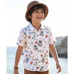 Pine Kids Cotton Knit Half Sleeves Shirt with Beach Theme Print - White
