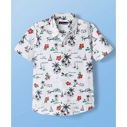 Pine Kids Cotton Knit Half Sleeves Shirt with Beach Theme Print - White