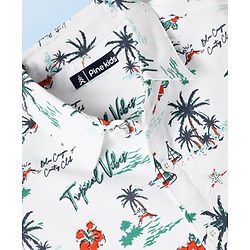 Pine Kids Cotton Knit Half Sleeves Shirt with Beach Theme Print - White