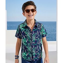 Pine Kids Cotton Knit Half Sleeves Shirt With Floral Print - Navy Blue
