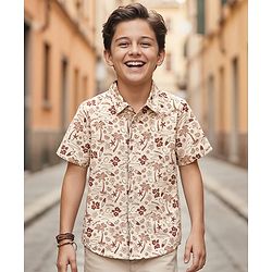 Pine Kids Cotton Knit Half Sleeves Shirt With Tree Print - Beige