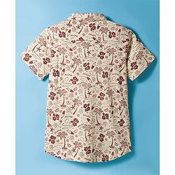Pine Kids Cotton Knit Half Sleeves Shirt With Tree Print - Beige