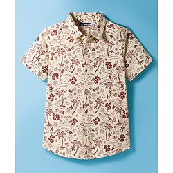Pine Kids Cotton Knit Half Sleeves Shirt With Tree Print - Beige