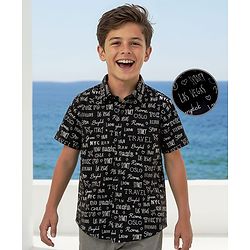 Pine Kids Cotton Knit Half Sleeves Shirt With Text Print - Black