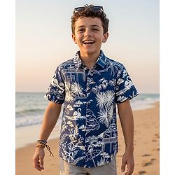 Pine Kids Cotton Knit Half Sleeves Shirt With Bird Print - Navy Blue
