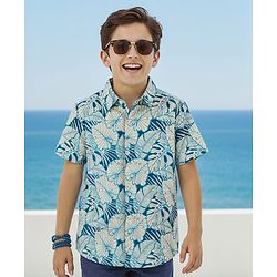 Pine Kids Cotton Knit Half Sleeves Shirt With Leaves Print - Teal Blue