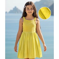 Pine Kids Cotton Woven Sleeveless Frock with Floral Embroidery & Smocked Detailing - Yellow