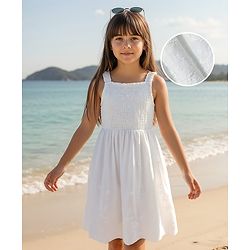 Pine Kids Cotton Woven Sleeveless Frock with Floral Embroidery & Smocked Detailing - White