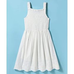 Pine Kids Cotton Woven Sleeveless Frock with Floral Embroidery & Smocked Detailing - White