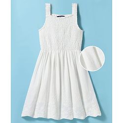 Pine Kids Cotton Woven Sleeveless Frock with Floral Embroidery & Smocked Detailing - White