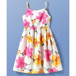 Pine Kids Cotton Woven Sleeveless Frock with Floral Print - White