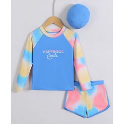 Pine Kids Full Raglan Sleeves Two Piece Swimsuit With Tie & Dye Print & Swimming Cap - Blue