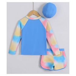 Pine Kids Full Raglan Sleeves Two Piece Swimsuit With Tie & Dye Print & Swimming Cap - Blue
