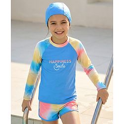 Pine Kids Full Raglan Sleeves Two Piece Swimsuit With Tie & Dye Print & Swimming Cap - Blue