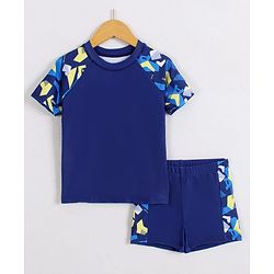 Pine Active Half Raglan Sleeves Printed Two Piece Swimsuit - Navy Blue