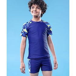 Pine Active Half Raglan Sleeves Printed Two Piece Swimsuit - Navy Blue