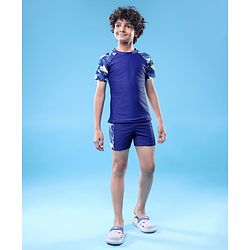 Pine Active Half Raglan Sleeves Printed Two Piece Swimsuit - Navy Blue
