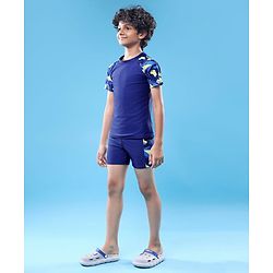 Pine Active Half Raglan Sleeves Printed Two Piece Swimsuit - Navy Blue