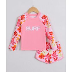 Pine Kids Full Raglan Sleeves Two Piece Swimsuit With Floral Print - Pink