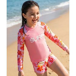 Pine Kids Full Raglan Sleeves Two Piece Swimsuit With Floral Print - Pink