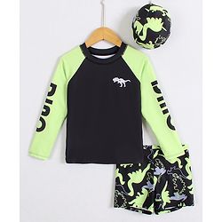 Pine Kids Full Raglan Sleeves Two Piece Swimsuit with Dino Print - Black