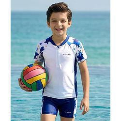 Pine Kids Half Raglan Sleeves Two Piece Swimsuit with Star Fish Print - Blue & White