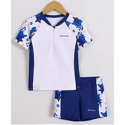 Pine Kids Half Raglan Sleeves Two Piece Swimsuit with Star Fish Print - Blue & White