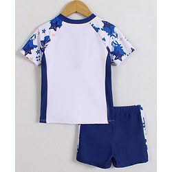 Pine Kids Half Raglan Sleeves Two Piece Swimsuit with Star Fish Print - Blue & White