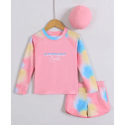 Pine Kids Full Raglan Sleeves Two Piece Swimsuit With Tie & Dye Print & Swimming Cap - Pink