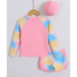Pine Kids Full Raglan Sleeves Two Piece Swimsuit With Tie & Dye Print & Swimming Cap - Pink